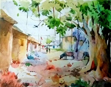 Indian Village, watercolor painting, 2016